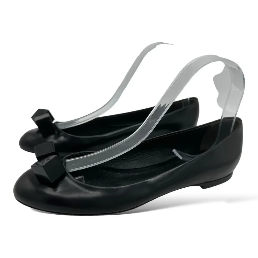 LOUIS VUITTON BLACK All Leather Ballet Flats w/Logo Cube Accents Sz 7US 37.5 EUR